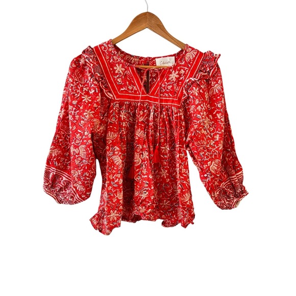 Cleobella Tops - Cleobella Floral Peasant Tunic Top Womens XS Red Ruffle Tassel Boho Blouse